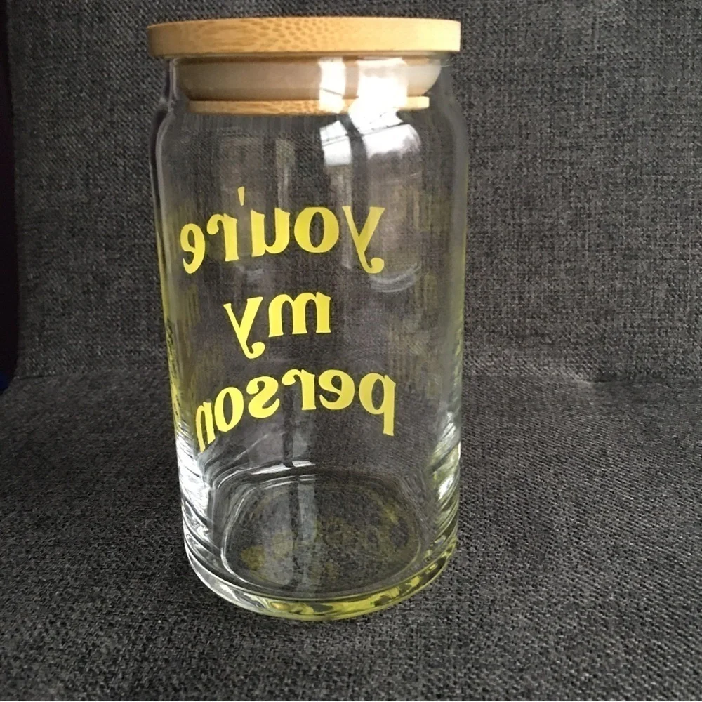 LAST CHANCE! “you’re my person” Glass Cup with Wooden Seal Top, Clear, Yellow